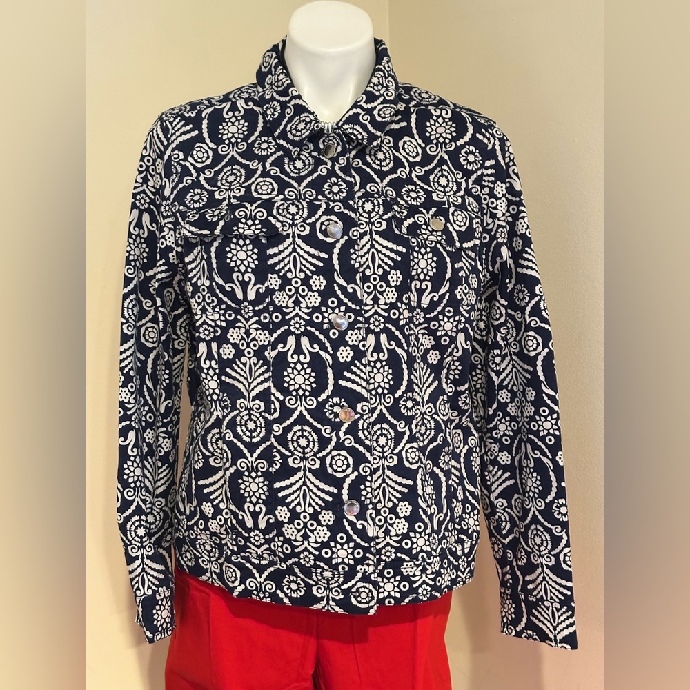 LIZ CLAIBORNE NEW YORK Navy & White Floral Print Jacket. Metal Buttons Sz 16